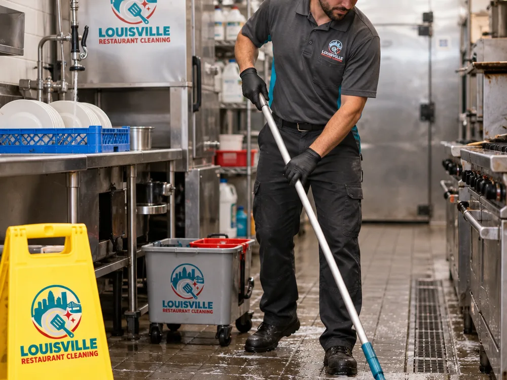 Cleaner degreasing a commercial kitchen floor near the dish pit and cook line