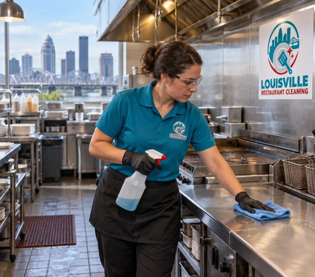 Professional cleaner wiping a stainless prep table and backsplash on a commercial cook line
