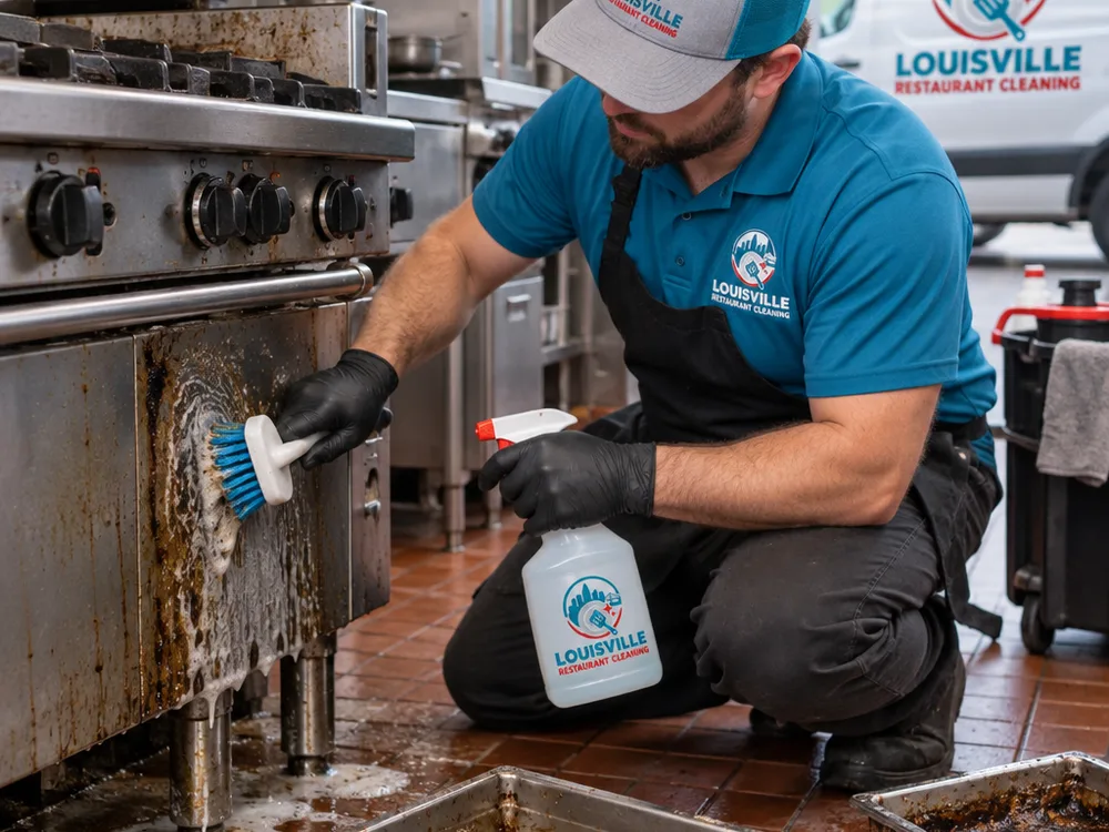 Technician scrubbing baked-on grease from a commercial range and its legs