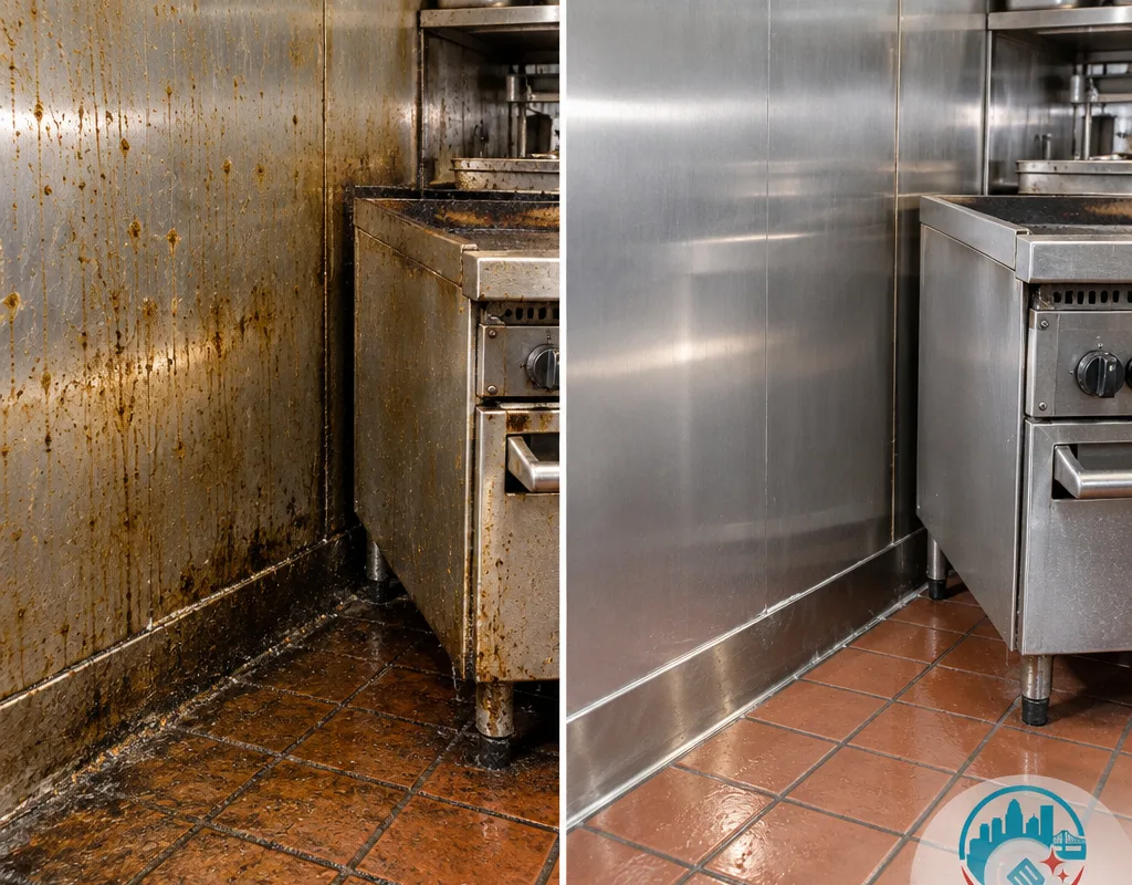 Before and after comparison of a restaurant cook line wall and floor edge after grease removal