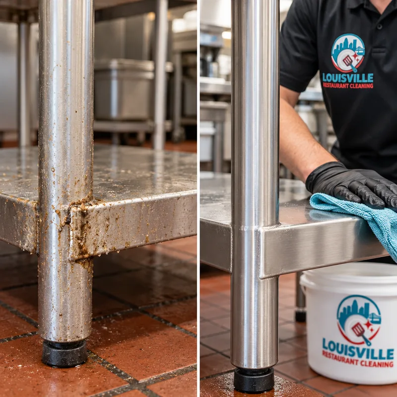 Cleaned stainless prep table undershelf and legs with residue removed from seams and corners