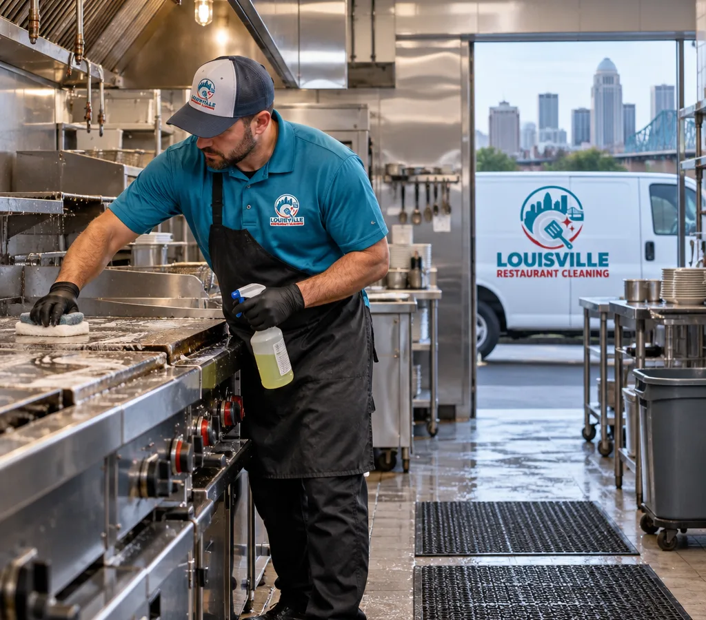 Technician deep cleaning a commercial restaurant cook line and stainless prep surfaces after hours