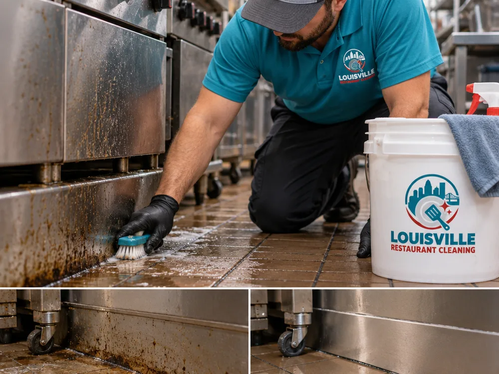 Technician detail-scrubbing greasy floor edges and baseboards behind a commercial cook line