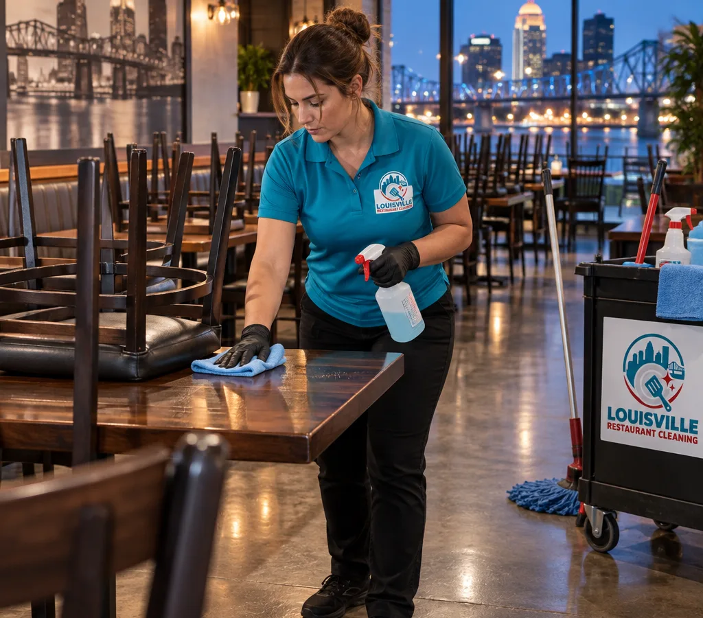 After-hours cleaner detailing dining tables and high-touch surfaces in a restaurant front of house