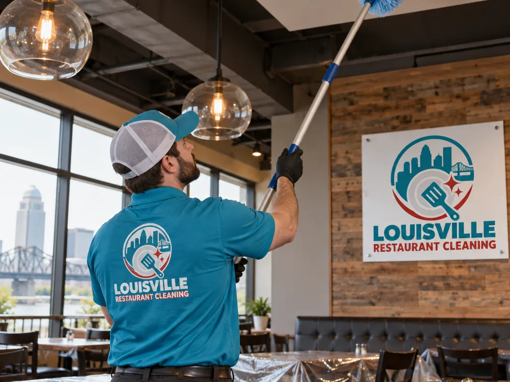 Cleaner using an extension pole for high dusting around restaurant ceiling corners and vent exteriors