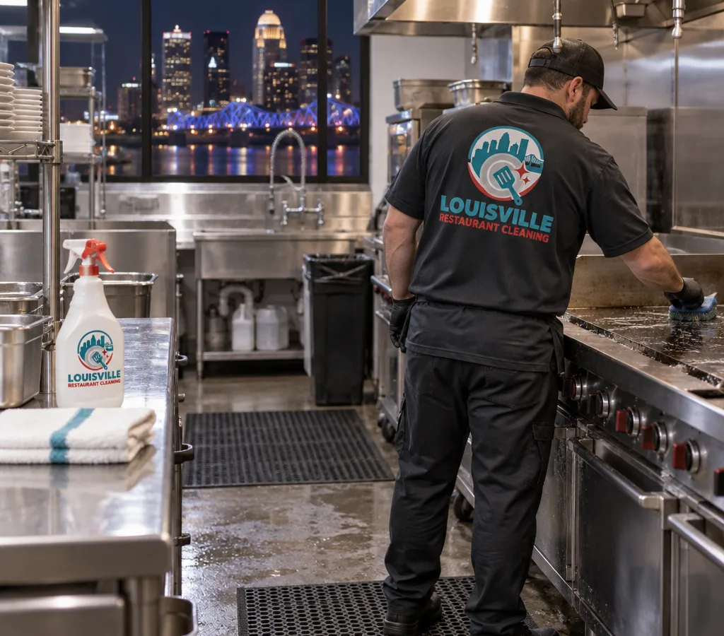 Night crew member cleaning a commercial restaurant kitchen line after hours in Louisville, with stainless prep tables and floor mats visible
