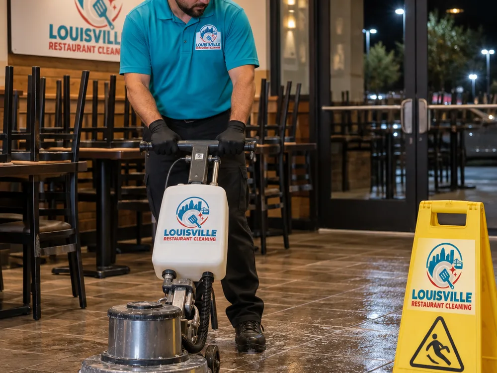 Cleaner performing floor scrubbing and edge detail work in a restaurant dining area after closing with chairs flipped and safety signage in place