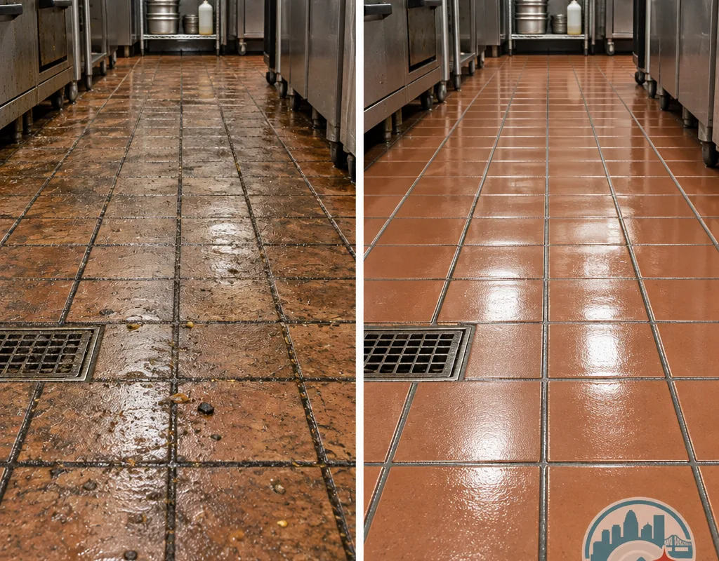 Restaurant kitchen tile and grout before and after professional deep cleaning and degreasing