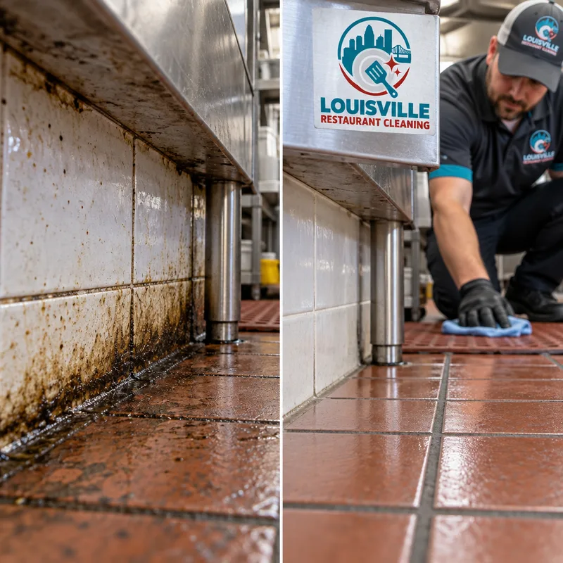 Clean grout joints along a restaurant wall line and beneath a prep table after dark grease staining and soil were removed