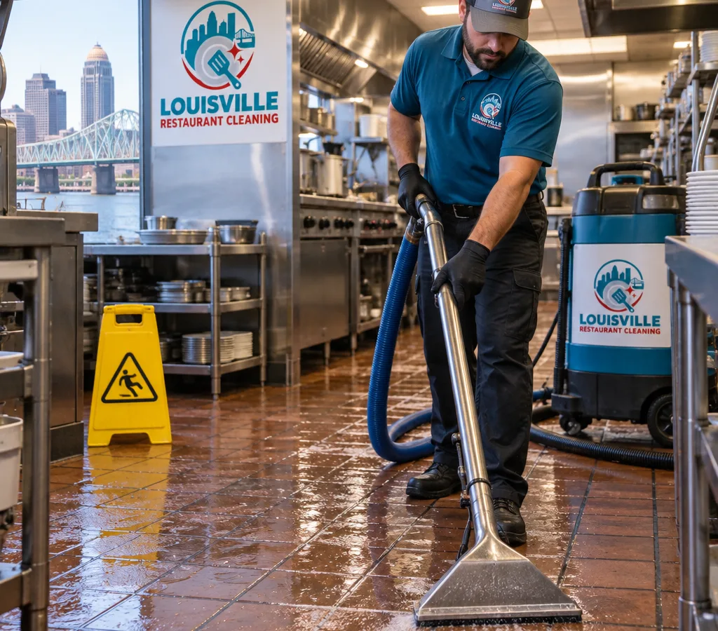 A Louisville restaurant kitchen tile floor being professionally scrubbed and extracted with wet-floor signage and commercial cleaning equipment