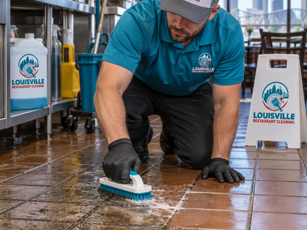 Restaurant tile and grout being agitated with a commercial scrubber, showing the contrast between cleaned and uncleaned sections