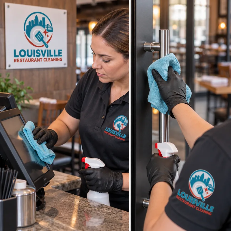 Cleaner sanitizing a restaurant POS counter and dining-room door pull