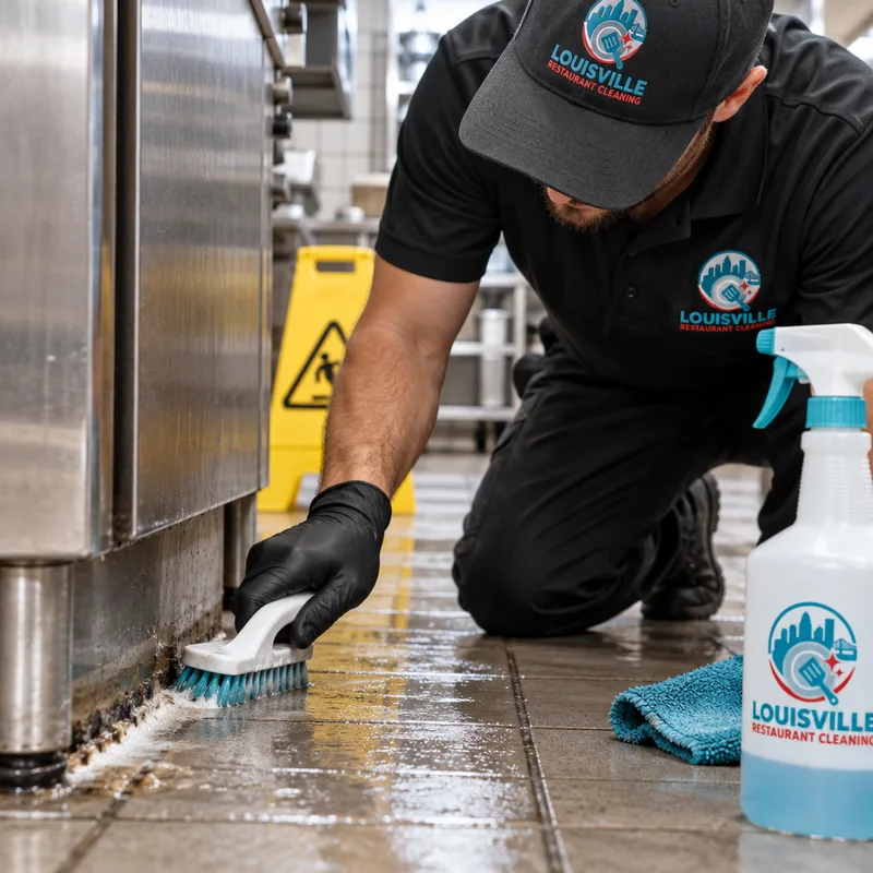 Degreasing dark buildup along a commercial kitchen floor edge beside stainless equipment