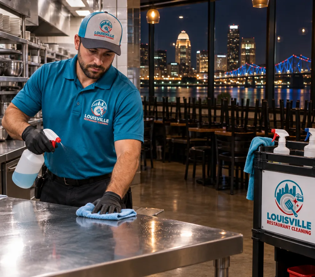 Technician sanitizing stainless prep tables in a Jeffersonville restaurant after hours