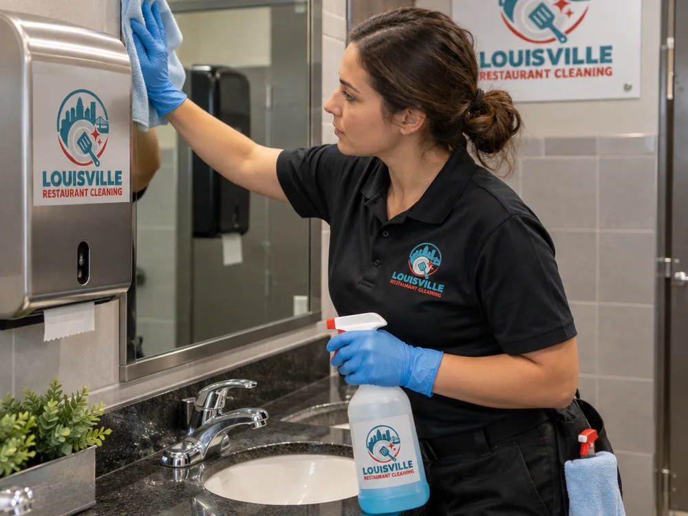 Cleaner sanitizing commercial restroom sinks, mirrors, and dispensers