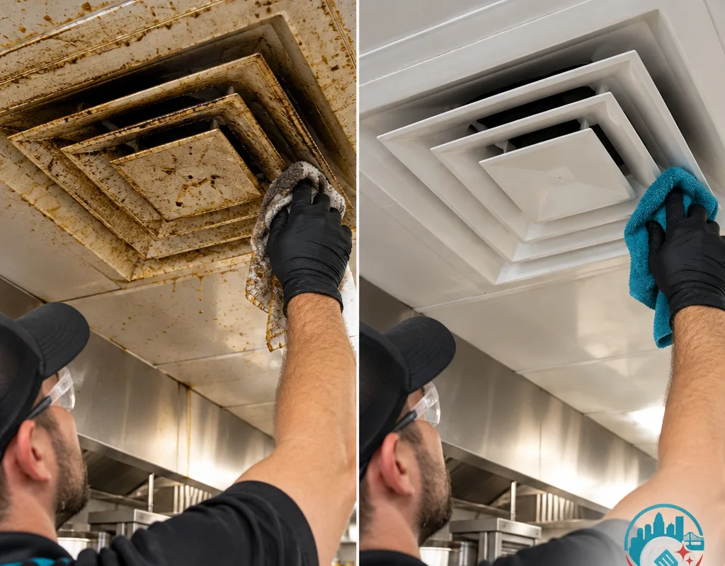 Before and after comparison of a greasy overhead vent diffuser and surrounding ceiling ledge