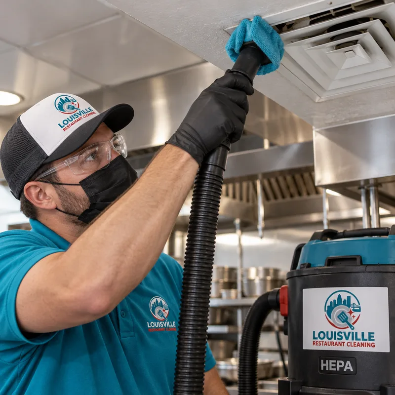 Technician using a HEPA vacuum and microfiber tools around a commercial kitchen HVAC diffuser