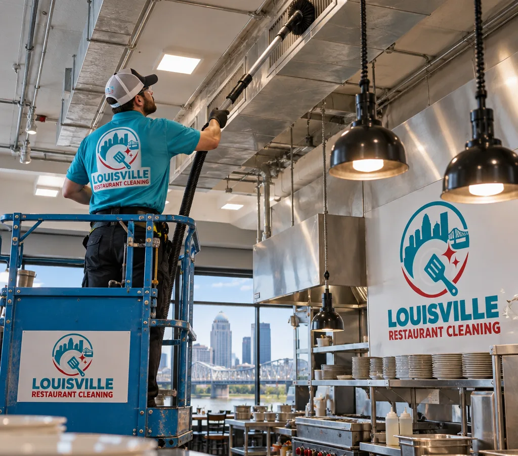 Technician on a lift high-dusting vents, conduit, and light fixtures in a restaurant kitchen