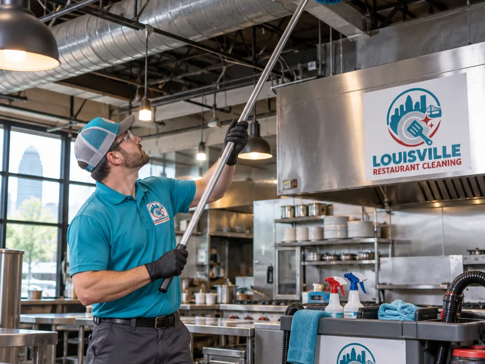 Commercial kitchen rafters, ductwork, and hanging lights being high-dusted with tools staged below
