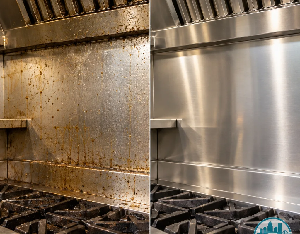Before and after view of a stainless backsplash behind a commercial range
