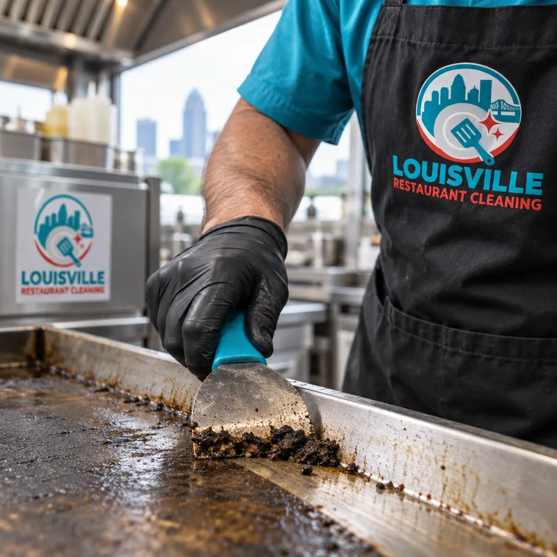 Carbon buildup being removed from a flat-top grill edge with proper tools