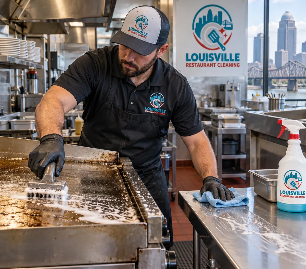 Technician cleaning a commercial flat-top grill and nearby stainless prep table with degreasing foam