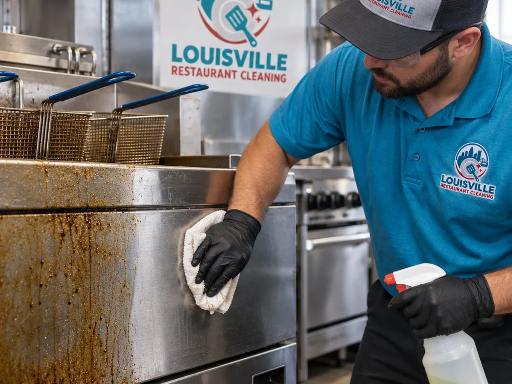 Commercial fryer exterior being degreased with cleaned stainless beside visible grease film