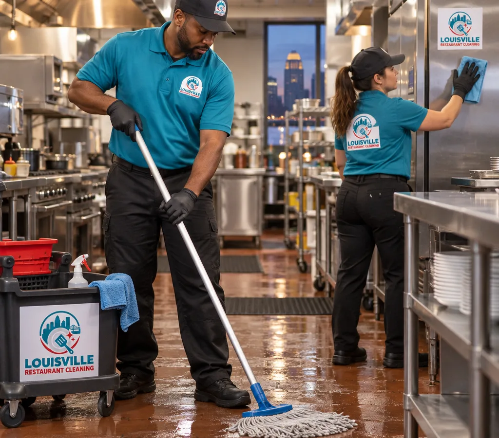 After-hours restaurant cleaners mopping a commercial kitchen floor and wiping stainless equipment