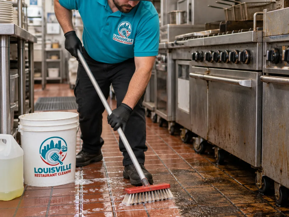 Cleaner hand-scrubbing quarry tile at the edge of a commercial cook line