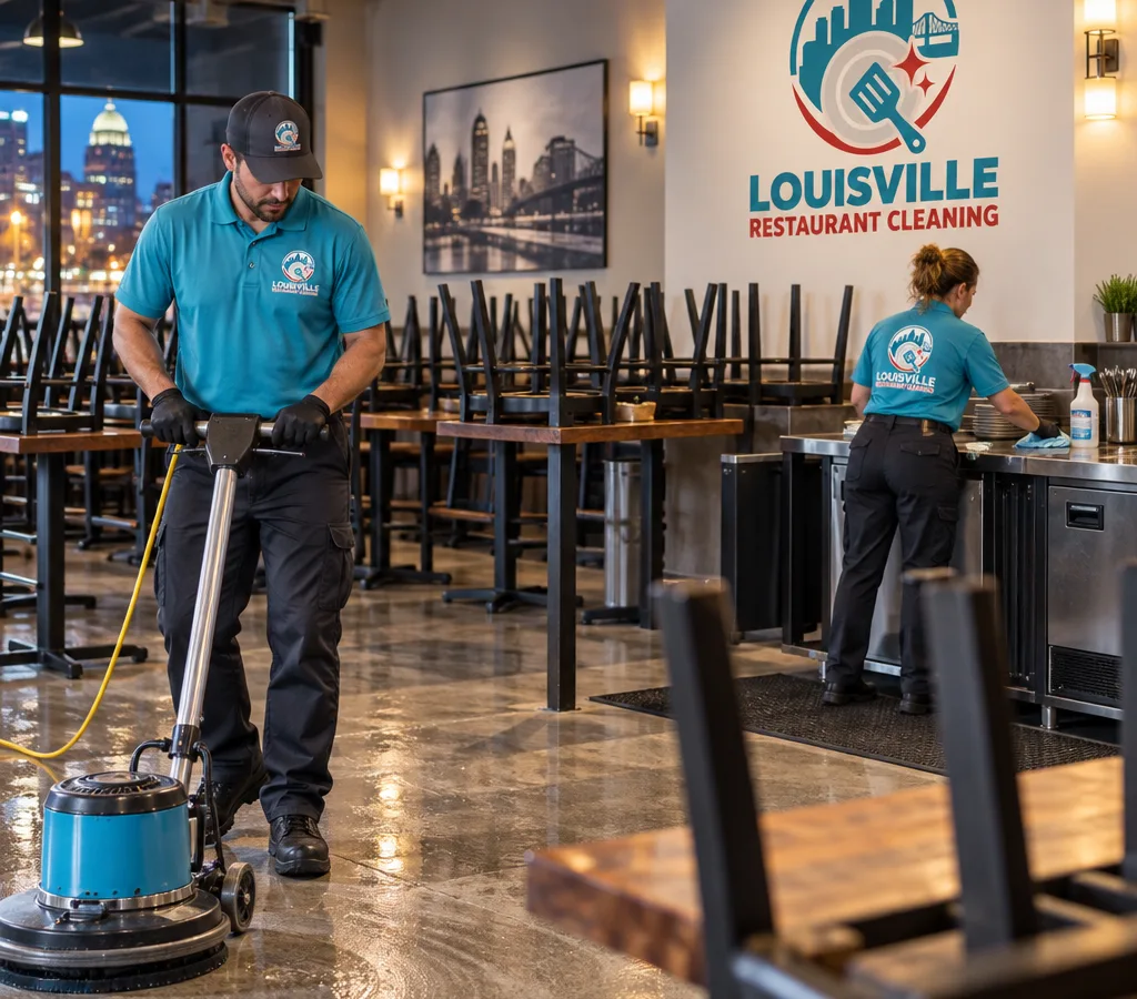 After-hours restaurant cleaning in a St. Matthews dining room with chairs raised and floors being detailed