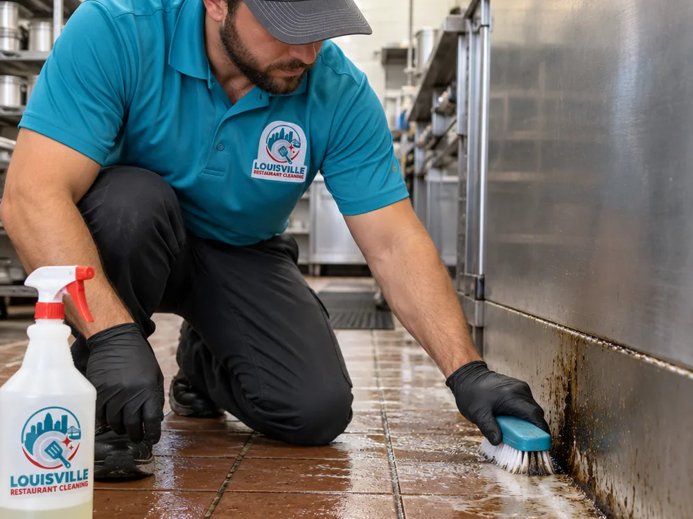 Technician detailing a commercial kitchen floor edge and baseboard with a scrub tool and safe degreaser