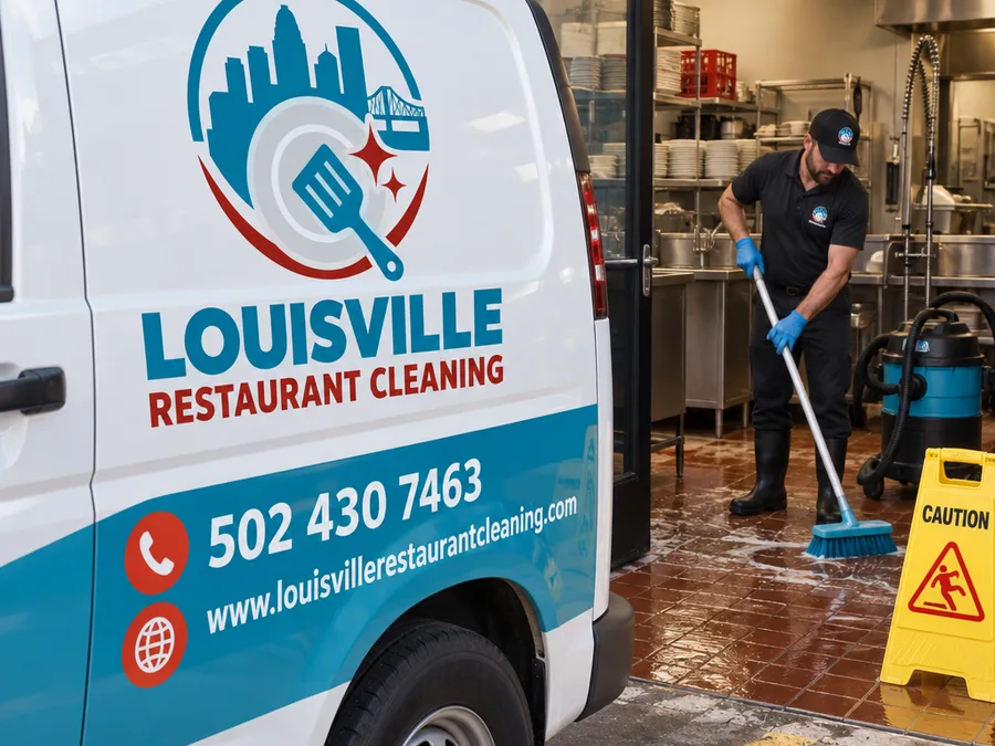Technician cleaning high wall ledges and fixture tops from a ladder in a closed restaurant dining area