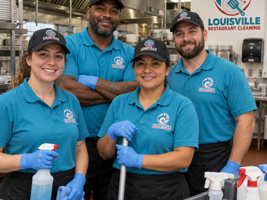 Restaurant cleaning crew with supplies staged in a commercial kitchen