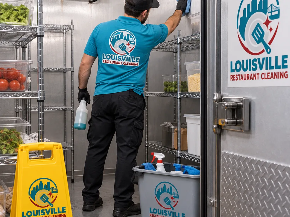 Technician cleaning walk-in cooler walls and shelving with caution signage in place
